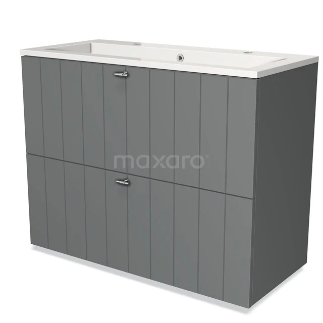 Grijze badkamerkast met dubbele lades, modern design en mat afwerking, inclusief witte wastafel geïntegreerd bovenop.