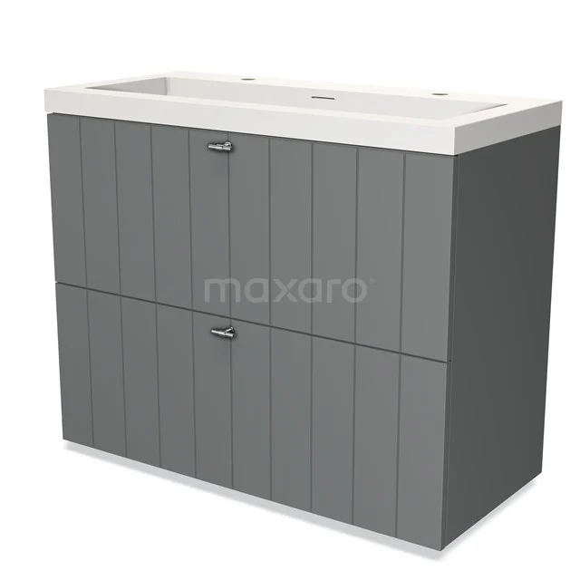 Grey bathroom unit with vertical panels, double doors and ceramic basin, ideal for a stylish bathroom design.