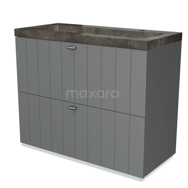 Grijze badkamermeubel met dubbele wastafel, houtlook paneelafwerking en betonnen wasbak uit de moderne designserie.