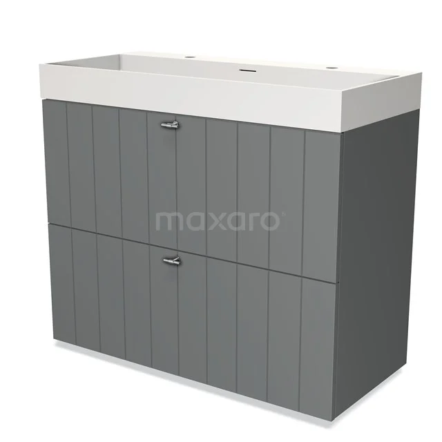 Grey bathroom cabinet with two drawers, wood-look finish and white ceramic basin, ideal for modern bathroom spaces.