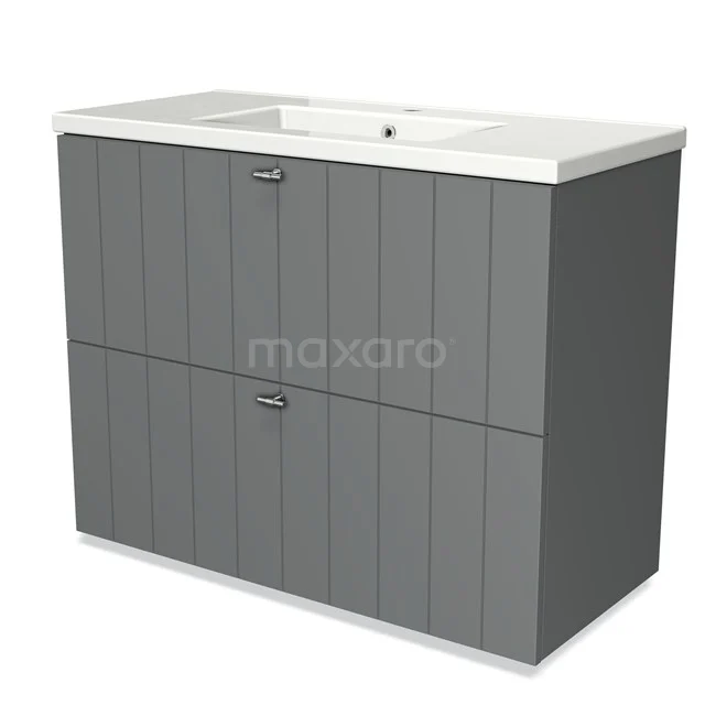 Modulo Bathroom furniture with sink | 100 cm Mid grey Slat front Ceramic 2 stacked drawers under each other BMW13-00605 Grey vanity set with two drawers, modern design, white ceramic Basin, perfect for stylish bathroom decor.