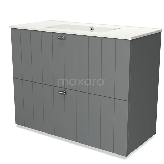 Grijze badkamerkast met wastafel, verticale groeven in front en minimalistisch ontwerp, ideaal voor moderne badkamers.
