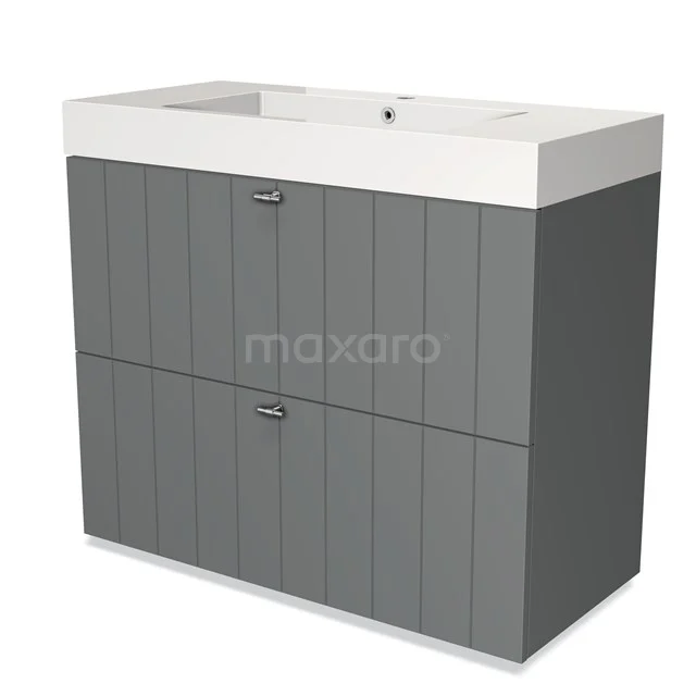 Grijsbadkamermeubel met witte bovenkant, dubbele lades en moderne panelen, ideaal voor stijlvol badkameropslag.