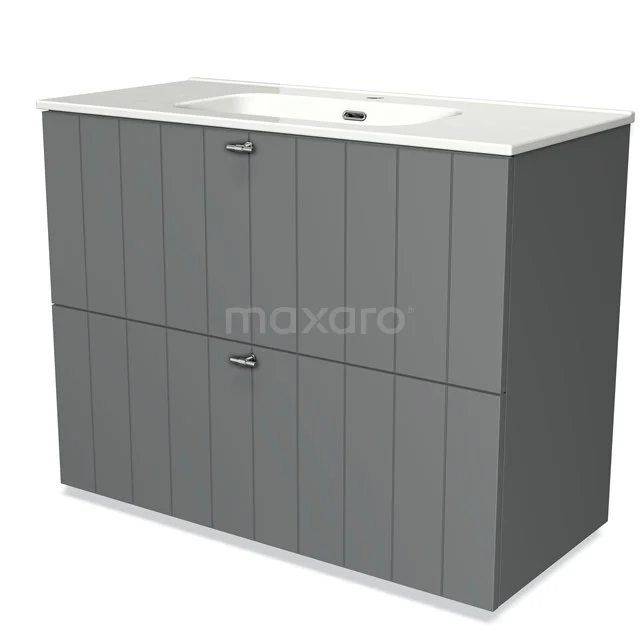 Grijze badkamermeubelset met verticale houtstructuur, dubbele lade en ingebouwde wastafel. Modern en strak design.