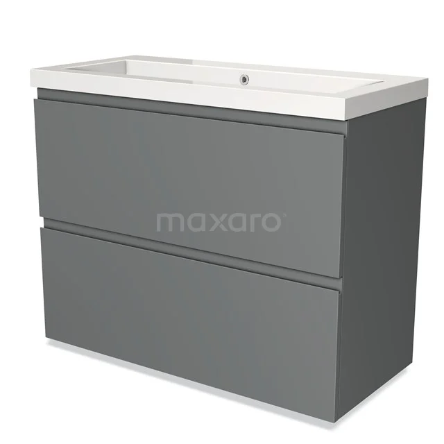 Grijze badkamerkast met twee lades, modern design, mat afwerking en geïntegreerde wastafel van keramiek.