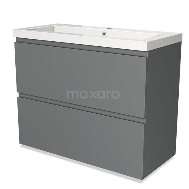 Grijze badkamerkast met twee soft-close lades, rechthoekige wastafel van keramiek, strak design voor moderne badkamers.