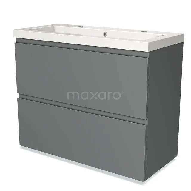 Grijze badkamermeubelset met mat afwerking, twee lades en een brede wastafel van keramiek, modern en praktisch design.
