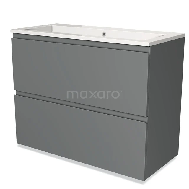 Grijs badkamermeubel met twee lades en witte wastafel, modern design, ideale opbergruimte voor een georganiseerde badkamer.