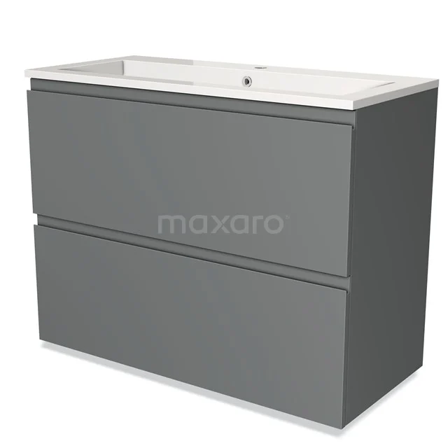 Grey bathroom cabinet with two drawers, modern design and ceramic basin, ideal for stylish bathroom storage.