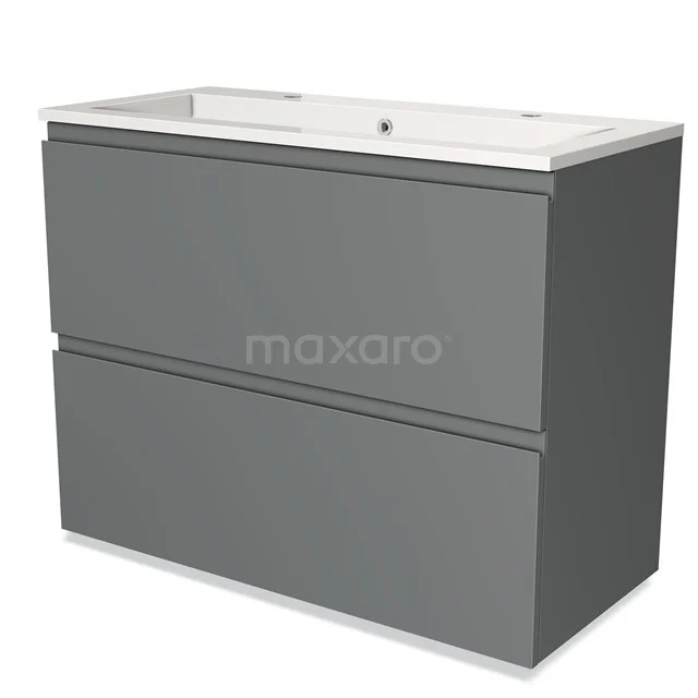 Grijze badkamermeubelset met dubbele lade, modern design en keramische wastafel, perfect voor stijlvolle badkameropslag.