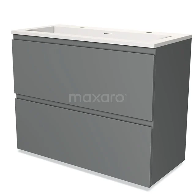 Grijze badkamermeubelset met witte wastafel, minimalistisch design, twee lades en softclose-techniek voor een moderne badkamer.