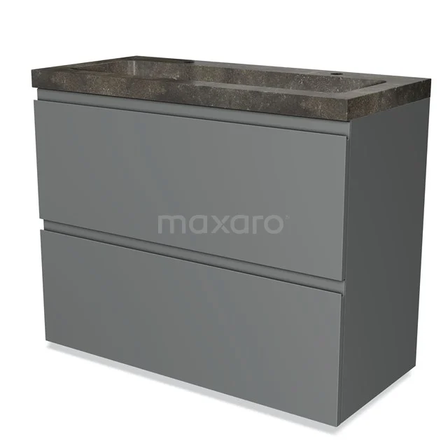 Grijze badkamermeubel met dubbele lade en donker stenen wastafelblad, modern design voor functionele badkameropslag.
