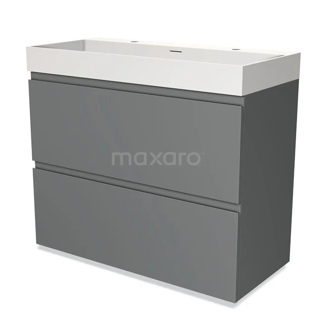 Grey bathroom unit with vanity units with basin, rectangular design, matte finish and white ceramic basin.