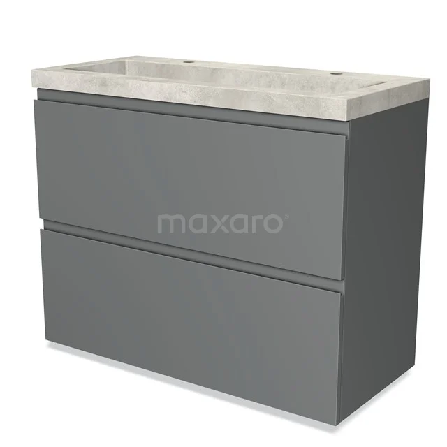 Grijze badkamermeubelset met een betonlook wastafel, strak design en dubbele lades voor praktische opslag.