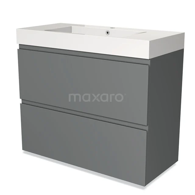 Grijze badkamermeubelset met twee lades, witte keramische wastafel; modern design, ideaal voor stijlvolle badkamerinrichting.
