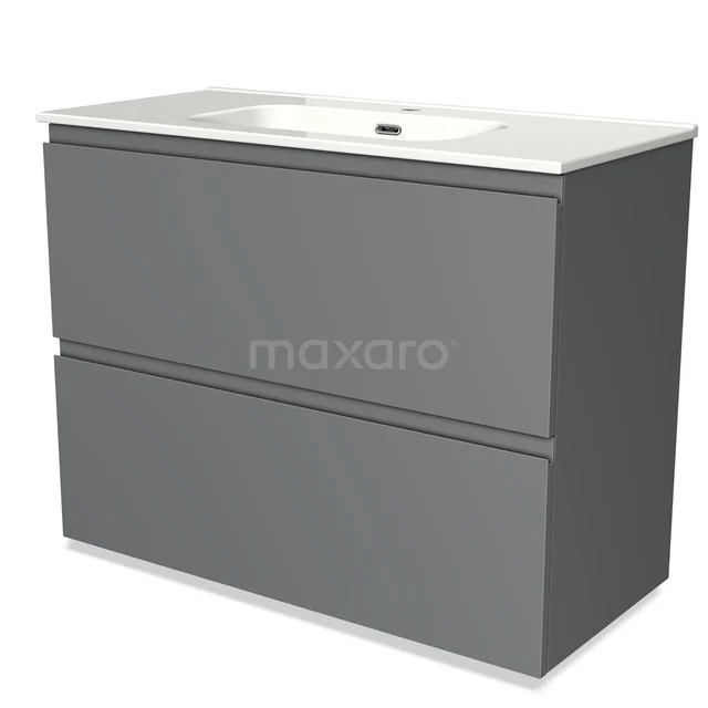 Grijze badkamermeubelset met twee lades, strak design en geïntegreerde wastafel van keramiek. Perfect voor moderne badkamers.