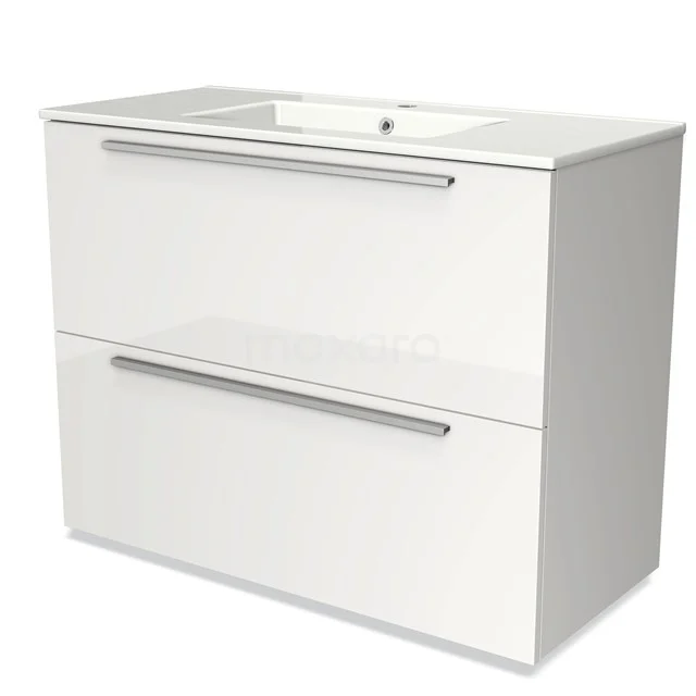 Witte badkamermeubelset met twee lades, strak design en chromen handgrepen, inclusief geïntegreerde wastafel.
