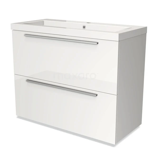 Wit badkamermeubel met twee brede lades, metalen handgrepen en geïntegreerde wastafel, modern design.