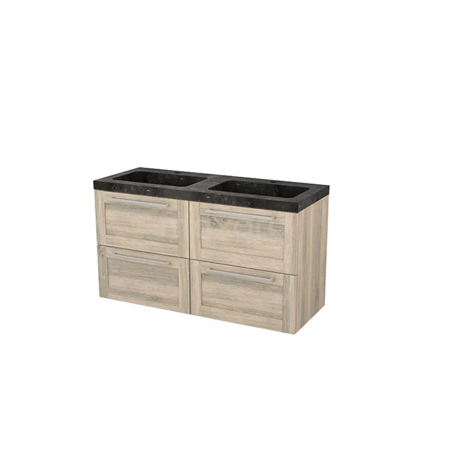 Wooden bathroom unit with double vanity units with basin in black, modern design, four drawers, perfect for stylish bathroom storage.