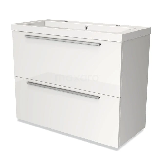 Badmöbel 100cm Modulo Hochglanz Weiß 2 hohe Schubladen Flaches Waschbecken Mineralguss BMW13-00636 Weißer Badschrank mit zwei Schubladen, glänzender Oberfläche und integriertem Waschbecken, ideal für moderne Badezimmerlagerung.