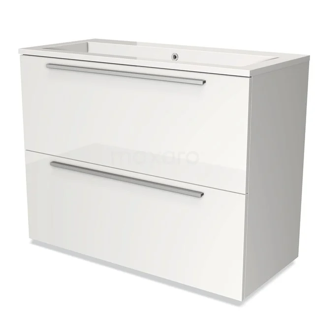 Weißer Badschrank mit zwei Schubladen, glänzender Oberfläche und integriertem Waschbecken. Modernes Design für funktionalen Badezimmerstil.