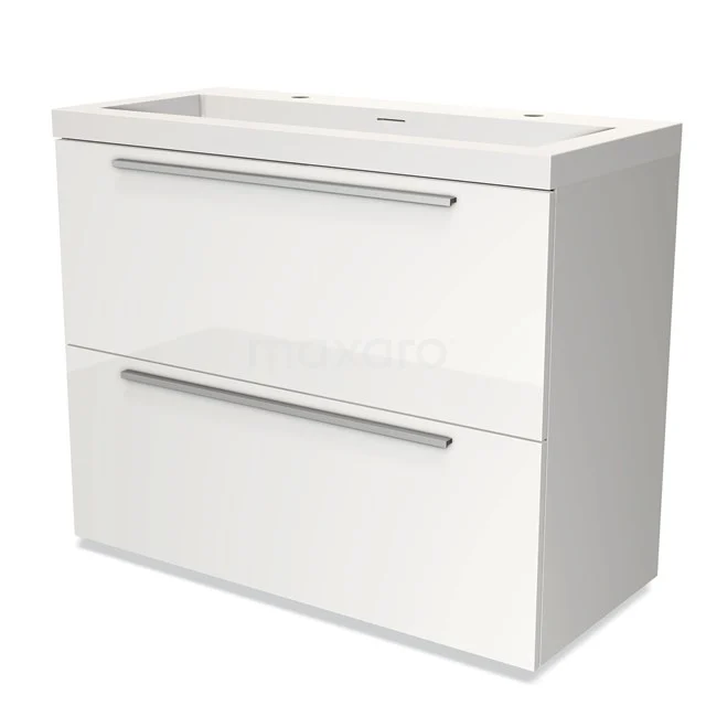 Weiße Waschbeckenunterschrank mit doppelten Schubladen, Metallgriffen und einem klaren Design; ideal für moderne Bäder.