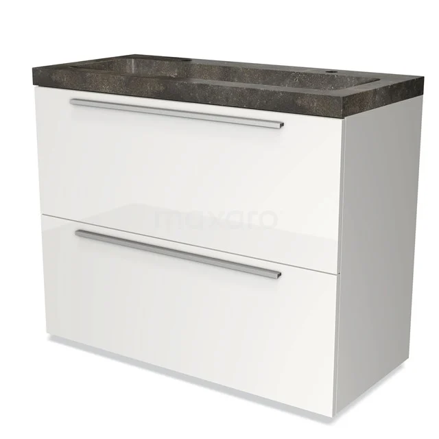 Hochglanz-Badmöbel 100cm Modulo Hochglanz Weiß 2 hohe Schubladen Flaches Waschbecken Naturstein Blaustein BMW13-00643 Weißes Badezimmermöbel mit zwei Schubladen und anthrazitfarbener Waschtischplatte, modernes Design, ideal für moderne Bäder.