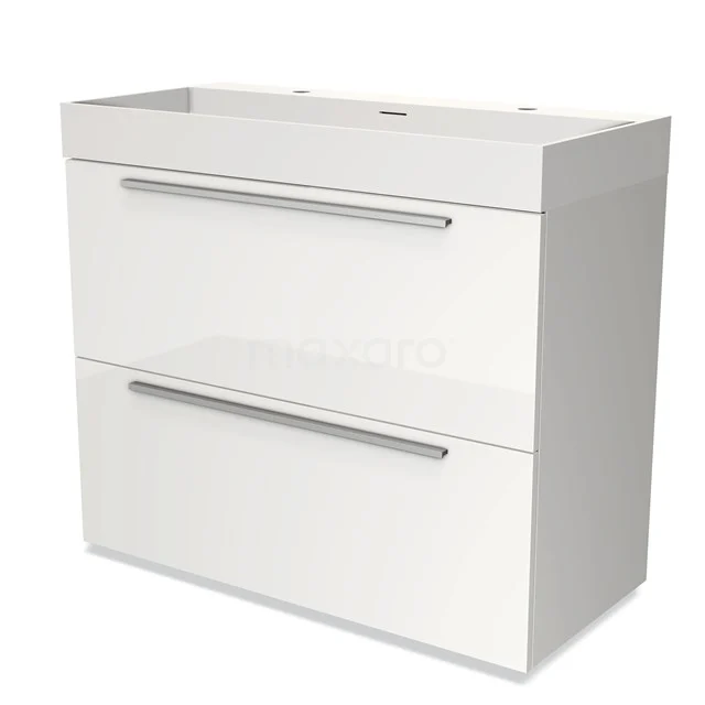 Witte badkamerkast met twee lades, strak design en chromen grepen, ideaal voor moderne badkameropslag.