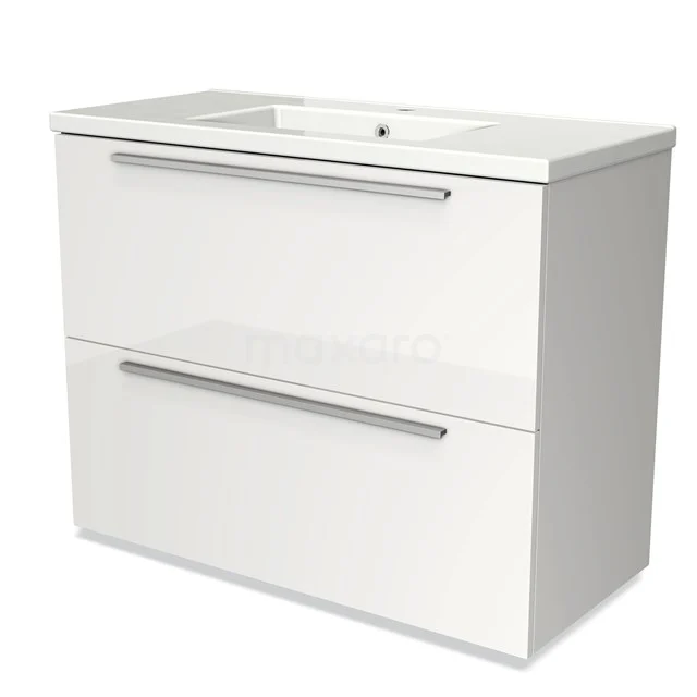 Weiße Badmöbelset mit doppelten Schubladen und eingebautem Waschbecken, modernes Design mit metallischen Haltegriffen.