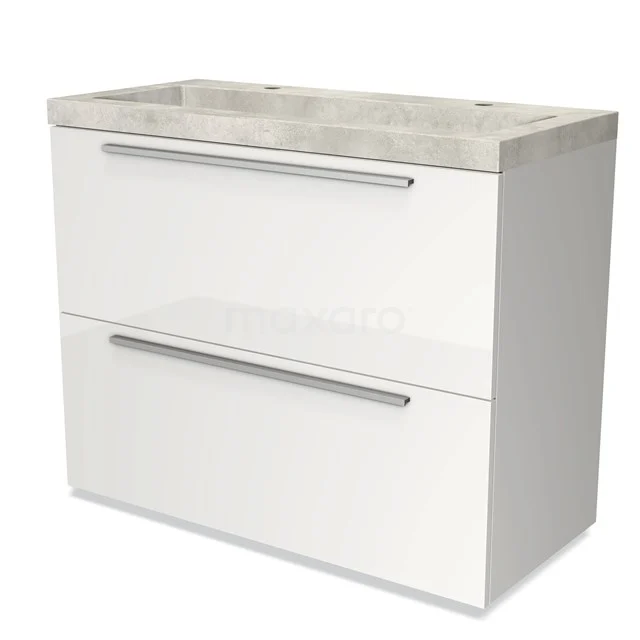 Weißes Badmöbel mit zwei Schubladen, integriertes Waschbecken im Betonlook, elegantes Design für moderne Badezimmergestaltung.