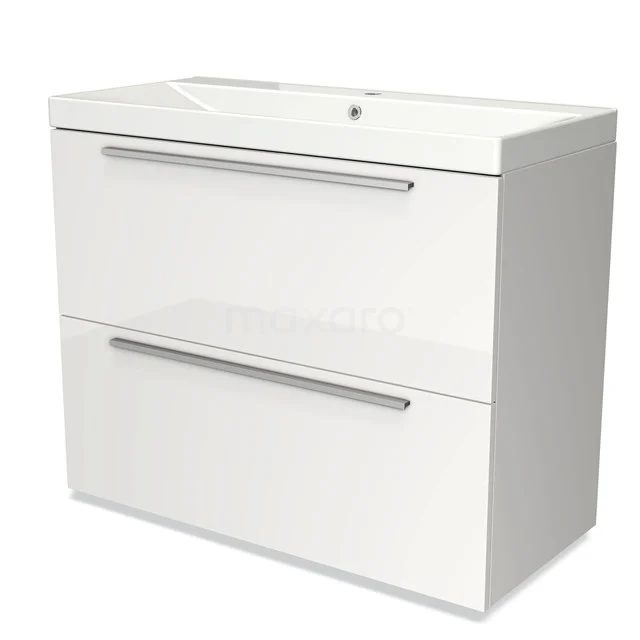 White bathroom cabinet with integrated basin, two drawers and silver handles, modern design from premium series.
