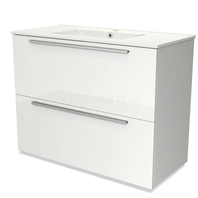 Weißes hängendes Badezimmermöbel mit doppelten Schubladen und integriertem Waschbecken, modernes Design aus einer matte Oberfläche.