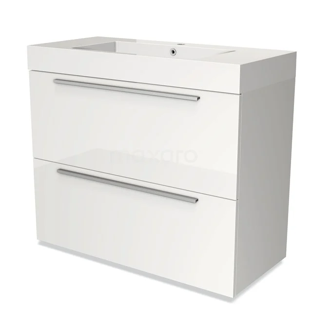 White hanging bathroom unit with two drawers, glossy finish and integrated vanity units with basin, modern and space-saving design.