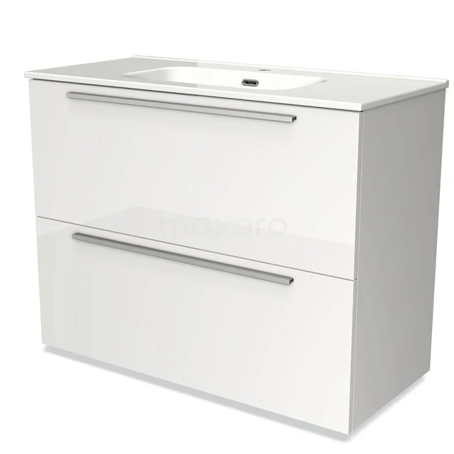 Wit badkamermeubel met twee lades, strak design, glanzende afwerking, inclusief wastafel; ideaal voor modern badkamerinterieur.