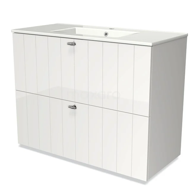 White bathroom unit with basin, two handleless drawers and vertical line details, ideal for modern bathroom storage.