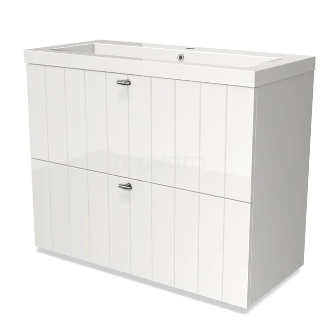 Weißes Holz-Badezimmermöbel mit zwei grifflosen Schubladen, Paneelstruktur und einem keramischen Waschbecken, perfekt für moderne Bäder.