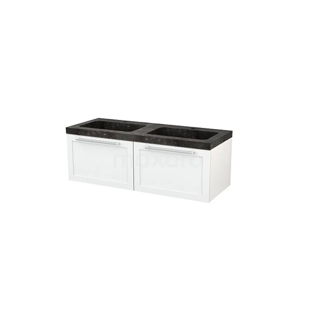 Modulo+ Bathroom furniture with sink | 120 cm High-gloss white Frame front Natural stone 2 Side-by-side drawers BMP004308 White bathroom cabinet with two drawers, black marble double basin, modern design, ideal for stylish bathroom decoration.