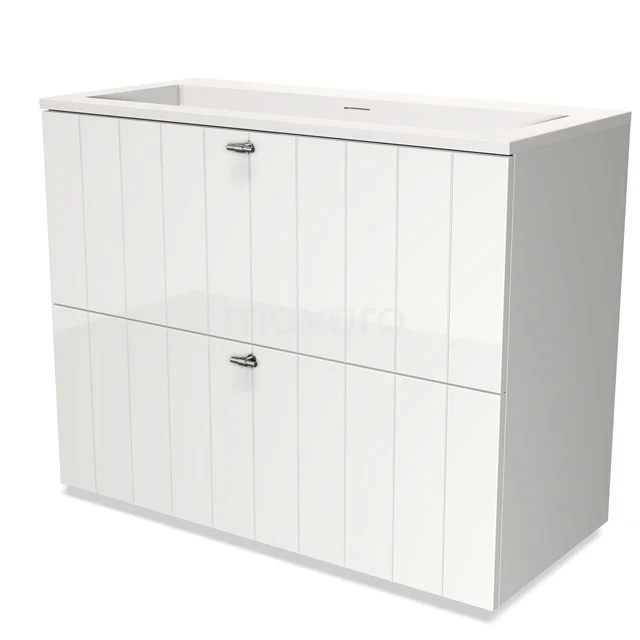 Modulo Vanity units with basin | 100 cm High-gloss white Slat front Solid surface 2 stacked drawers under each other BMW13-00661 White wooden bathroom unit with two drawers and integrated vanity units with basin, ideal for modern bathroom design.