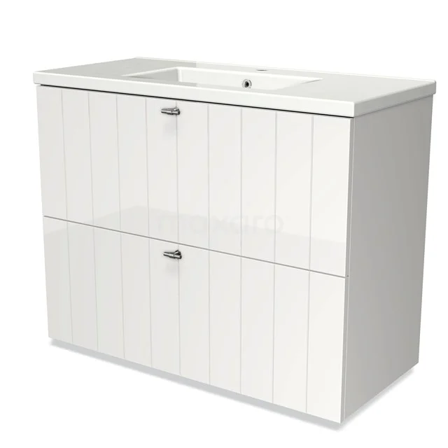 Weißes Badezimmermöbel mit zwei Schubladen und integriertem Waschbecken, geeignet für moderne Bäder, ausgeführt in einem subtilen Paneel-Design.