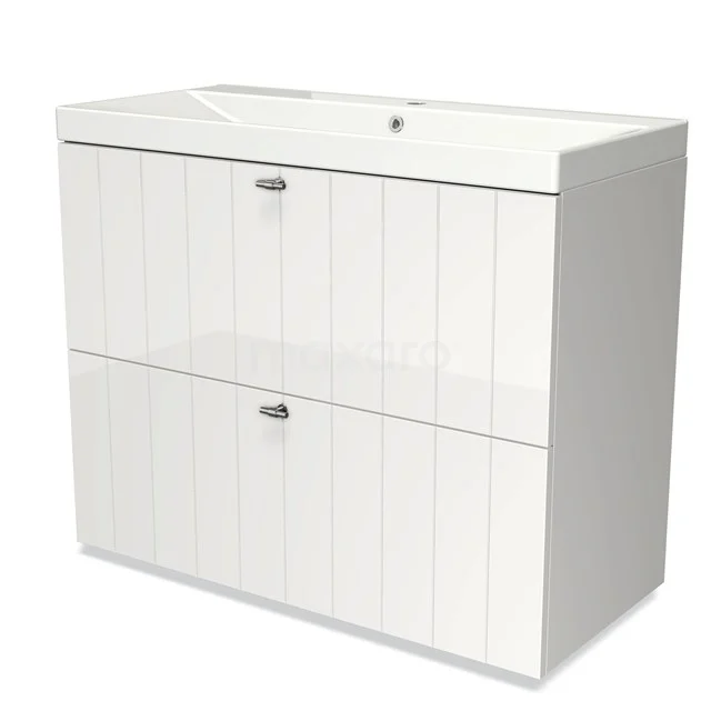 Modulo Bathroom furniture with sink | 100 cm High-gloss white Slat front Ceramic 2 stacked drawers under each other BMW13-00668 White Bathroom unit with 2 handleless drawers, vertical panels and built-in vanity units with basin, suitable for modern bathrooms.