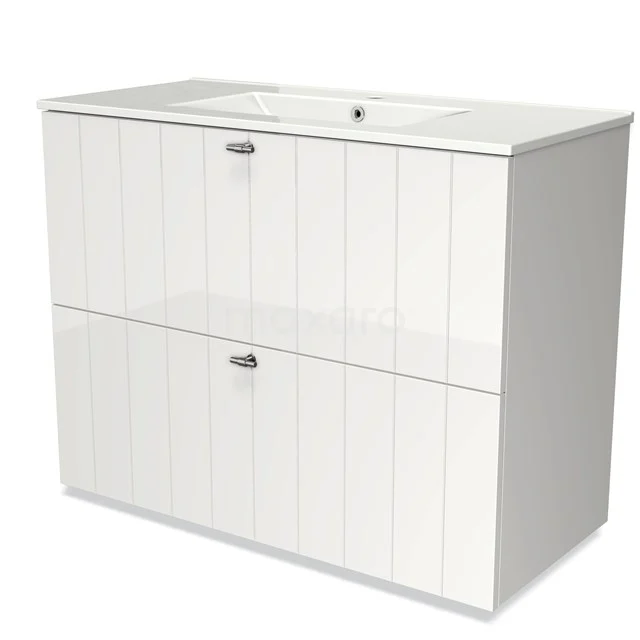 White Bathroom unit with two handleless drawers, vertical stripes, and integrated vanity units with basin, suitable for modern bathrooms.