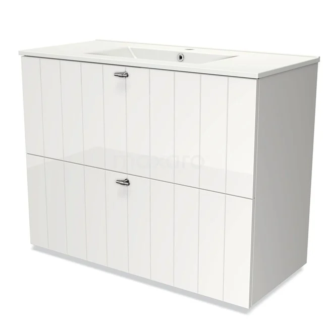 White bathroom furniture set with two drawers, vertical lines and built-in basin, ideal for stylish bathrooms.