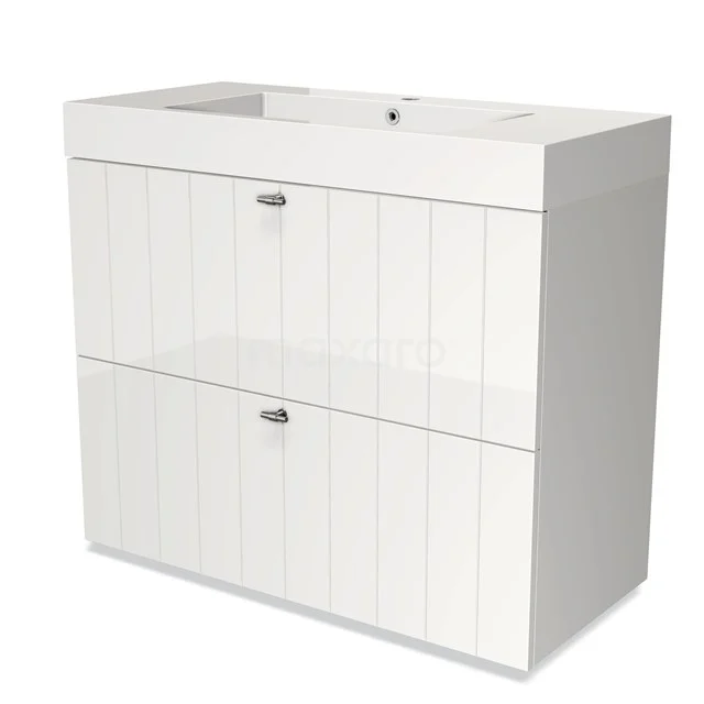 Modulo Waschtische | 100 cm Hochglanz Weiß Lamelle front Mineralguss 2 hohe Schubladen übereinanderliegend BMW13-00671 Weißes Holz-Badmöbel mit zwei Schubladen und integriertem Waschbecken, ideal für moderne Bäder.