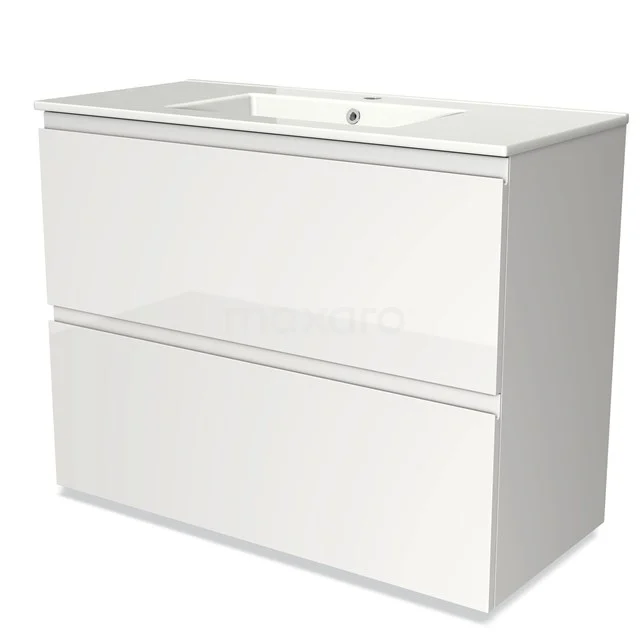 Weißes Badezimmermöbel mit zwei Schubladen, Hochglanz-Finish, einschließlich integrierter Waschbecken, modernes Design.