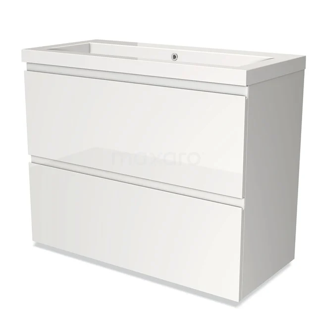 White bathroom unit with glossy finish, two drawers and integrated vanity units with basin; ideal for modern bathroom spaces.