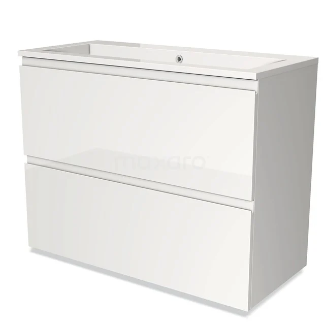 White bathroom furniture set with two drawers, sleek design, high-gloss finish and integrated basin, ideal for modern bathrooms.