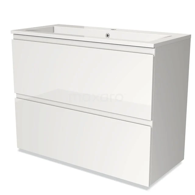 Witte, moderne wastafelmeubel met twee lades, glanzende afwerking en geïntegreerde wastafel, ideaal voor een stijlvolle badkamer.