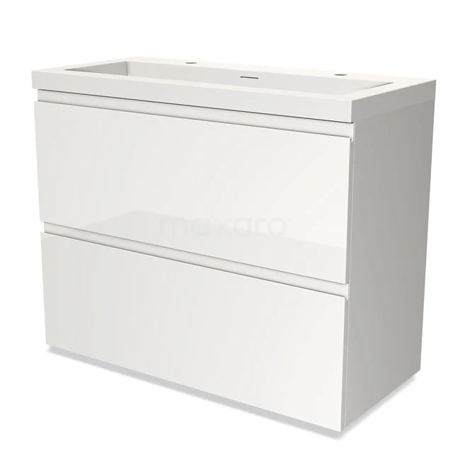 Hochglanz-Badmöbel 100cm Modulo Hochglanz Weiß 2 hohe Schubladen Griffloses Waschbecken Solid Surface BMW13-00680 Weißes Badezimmermöbel mit zwei Schubladen, schlankes Design, aus hochglanz MDF gefertigt, ideal für einen modernen Badezimmerstil.