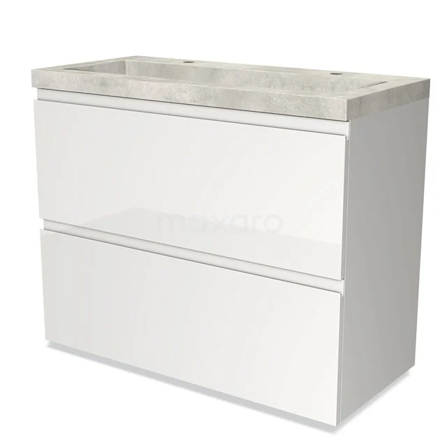 Wit badkamermeubel met twee lades en een lichtgrijs marmeren wastafelblad, strak design voor moderne badkamers.