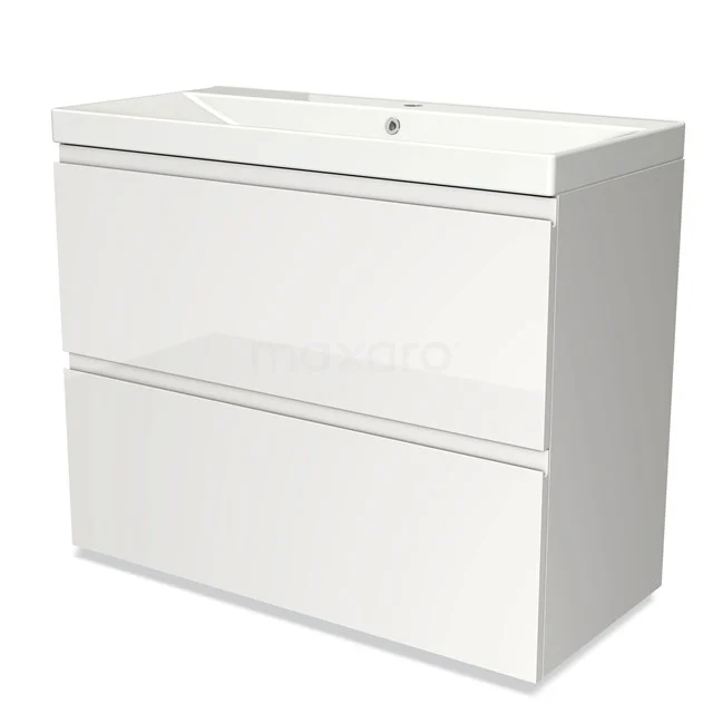 Wit glanzend badkamermeubel met twee ruime lades en geïntegreerde wastafel, perfect voor moderne badkameropslag.